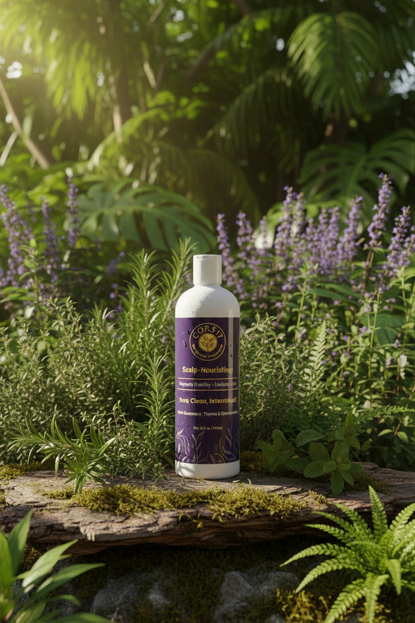 Bottle of Shampoo with a purple label on a wooden log surrounded by greenery and flowers.