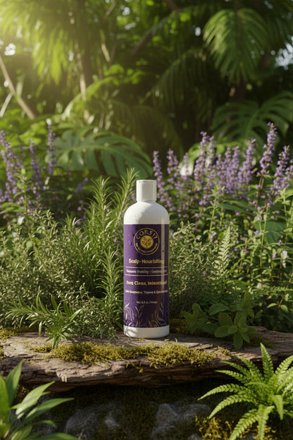 Bottle of Shampoo with a purple label on a wooden log surrounded by greenery and flowers.